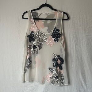 Sequin Floral Mesh Tank Top in Ivory and Pink